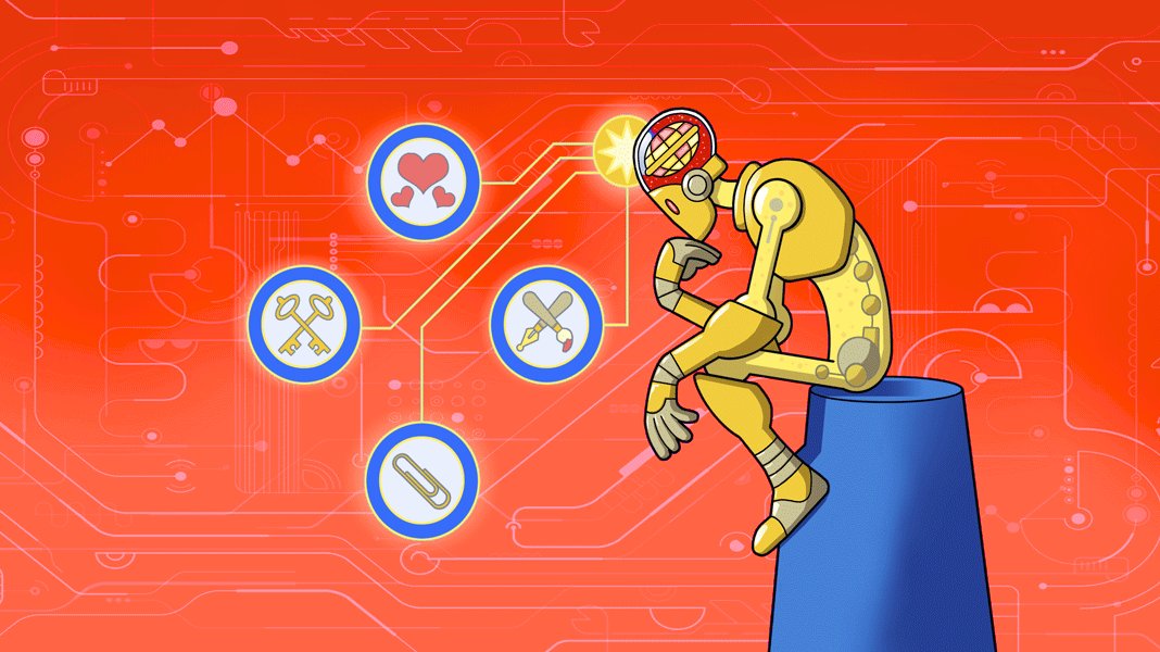 A graphic of a robot with a brain and thought bubbles representing artificial intelligence.