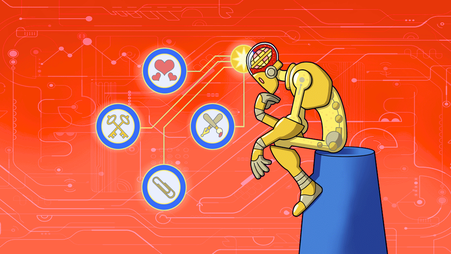 A graphic of a robot with a brain and thought bubbles representing artificial intelligence.