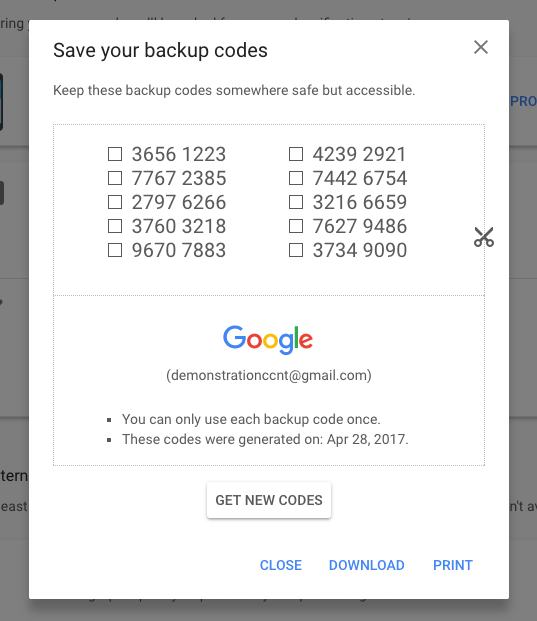 A photo of backup codes in a Google account. It reads, "Save your backup codes" and shows ten 8-digit numeric codes.