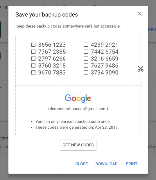 A photo of backup codes in a Google account. It reads, "Save your backup codes" and shows ten 8-digit numeric codes.