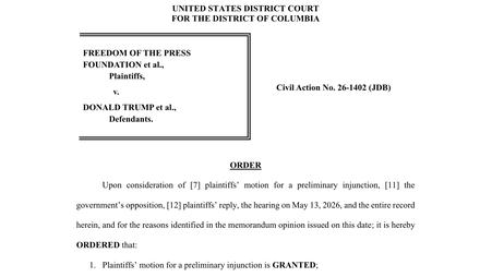A screenshot of the first page of a court ruling in Freedom of the Press Foundation v. Donald Trump.