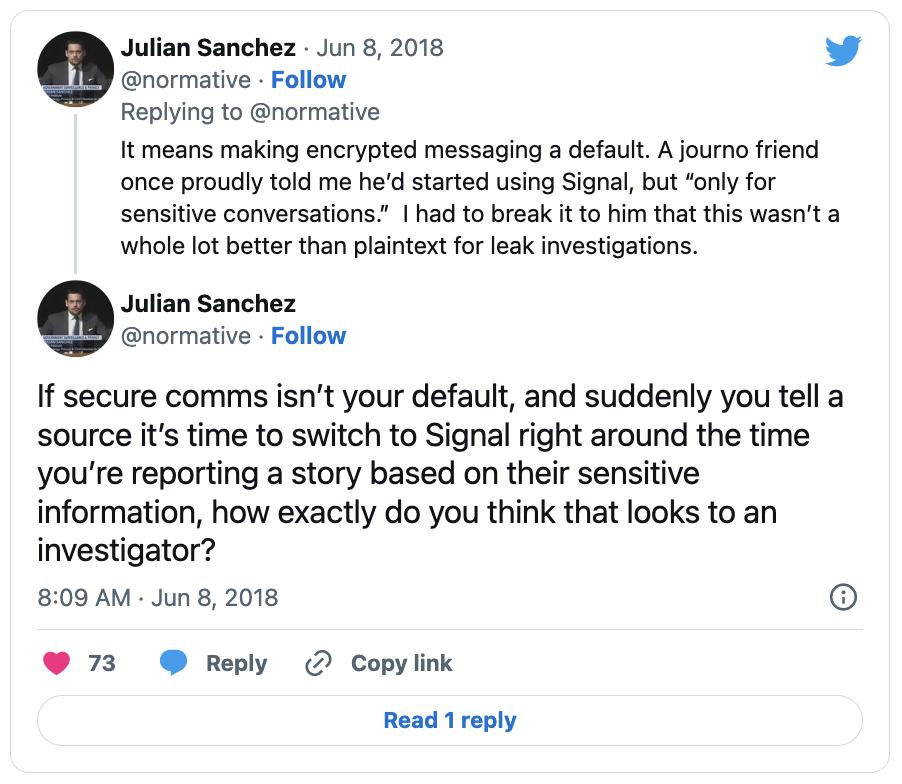 Screenshot of a tweet from @normative (Julian Sanchez) on Twitter, who points out that switching to Signal only for sensitive conversations will look worse to an investigators.