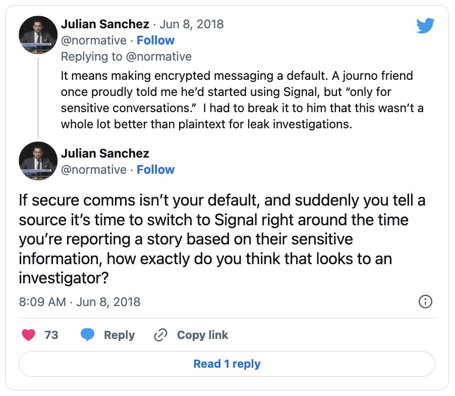Screenshot of a tweet from @normative (Julian Sanchez) on Twitter, who points out that switching to Signal only for sensitive conversations will look worse to an investigators.
