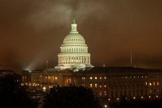Capitol building on a foggy night