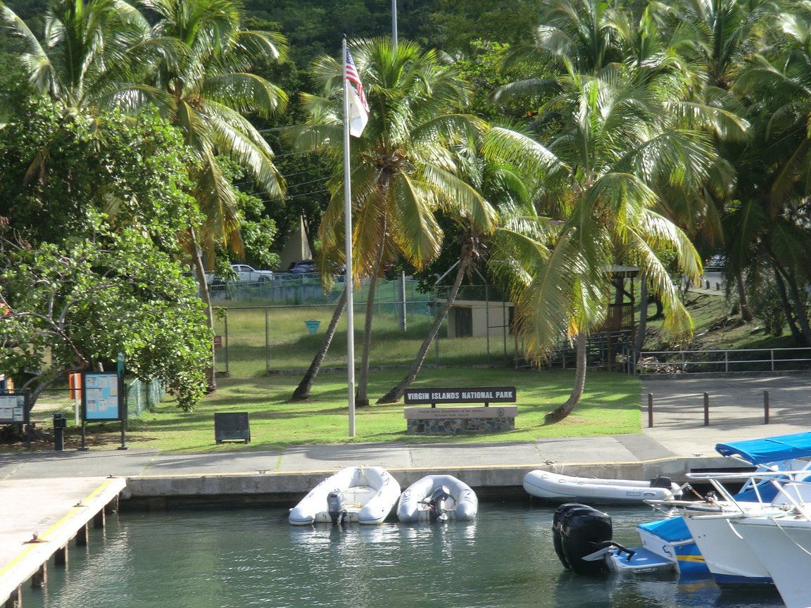 A dock with boats next to a park with palm trees and a sign reading “Virgin Islands National Park”