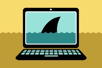 A black illustrated shark fin on a computer screen