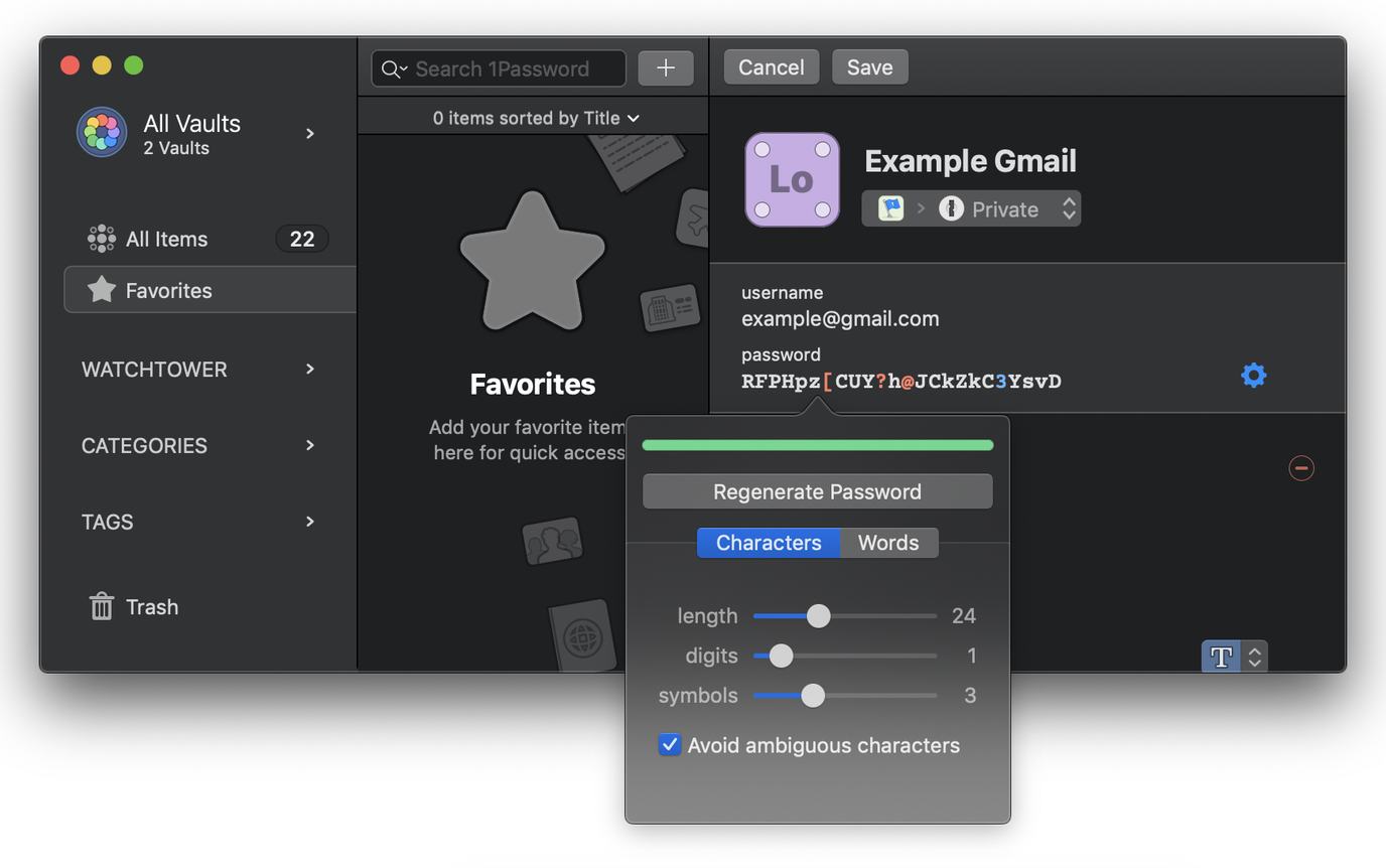 A screenshot of the interface for generating a randomized password within 1Password, showing both the login username, as well as a randomized password with numberic characters, symbols, and upper-, and lower-cased letters.
