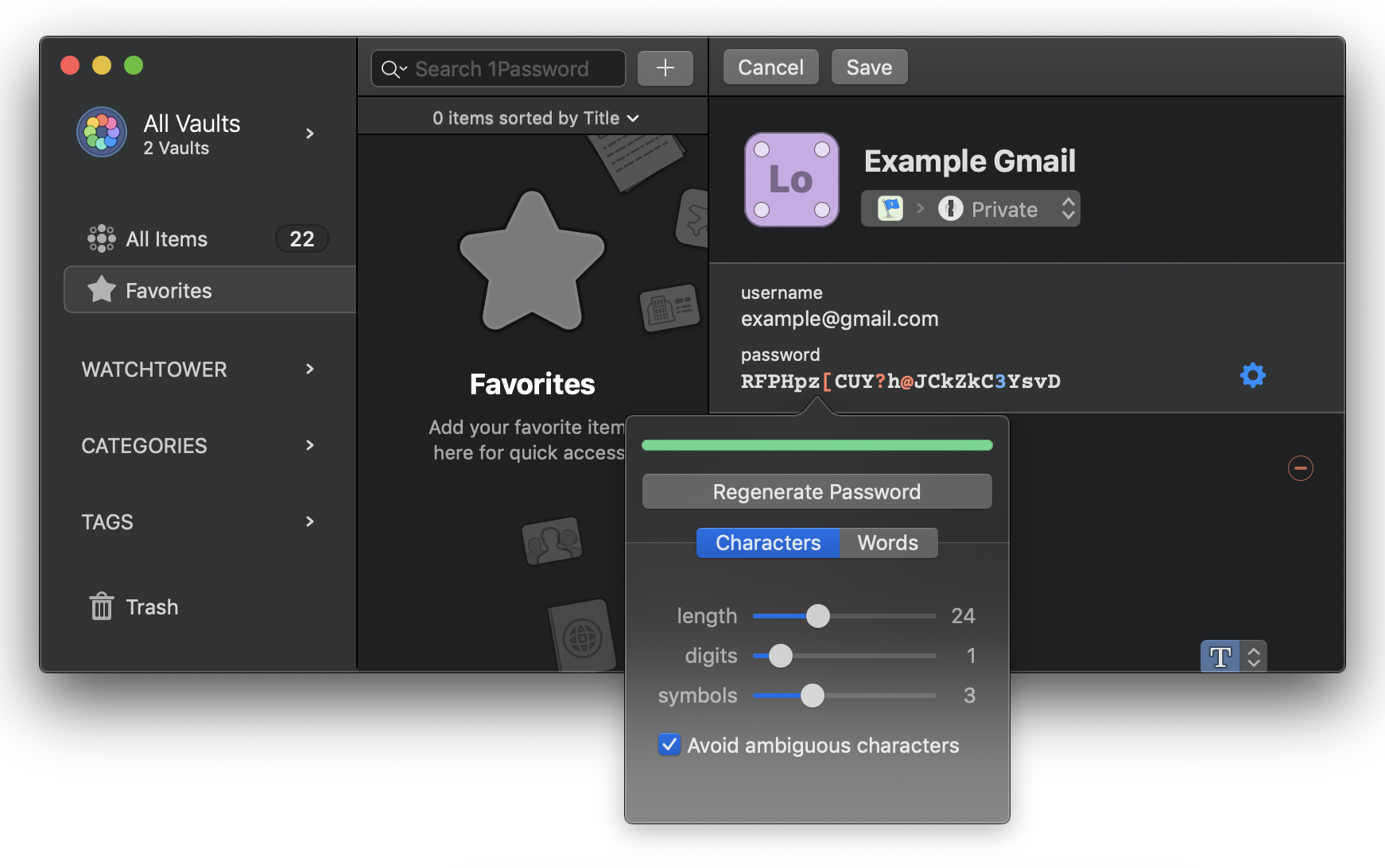 A screenshot of the interface for generating a randomized password within 1Password, showing both the login username, as well as a randomized password with numberic characters, symbols, and upper-, and lower-cased letters.