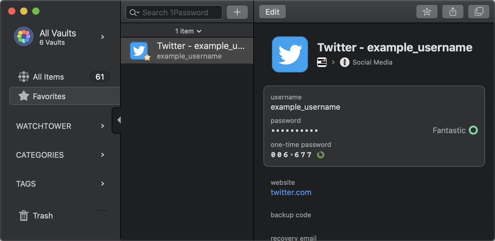 A screenshot of 2FA codes stored in 1Password.