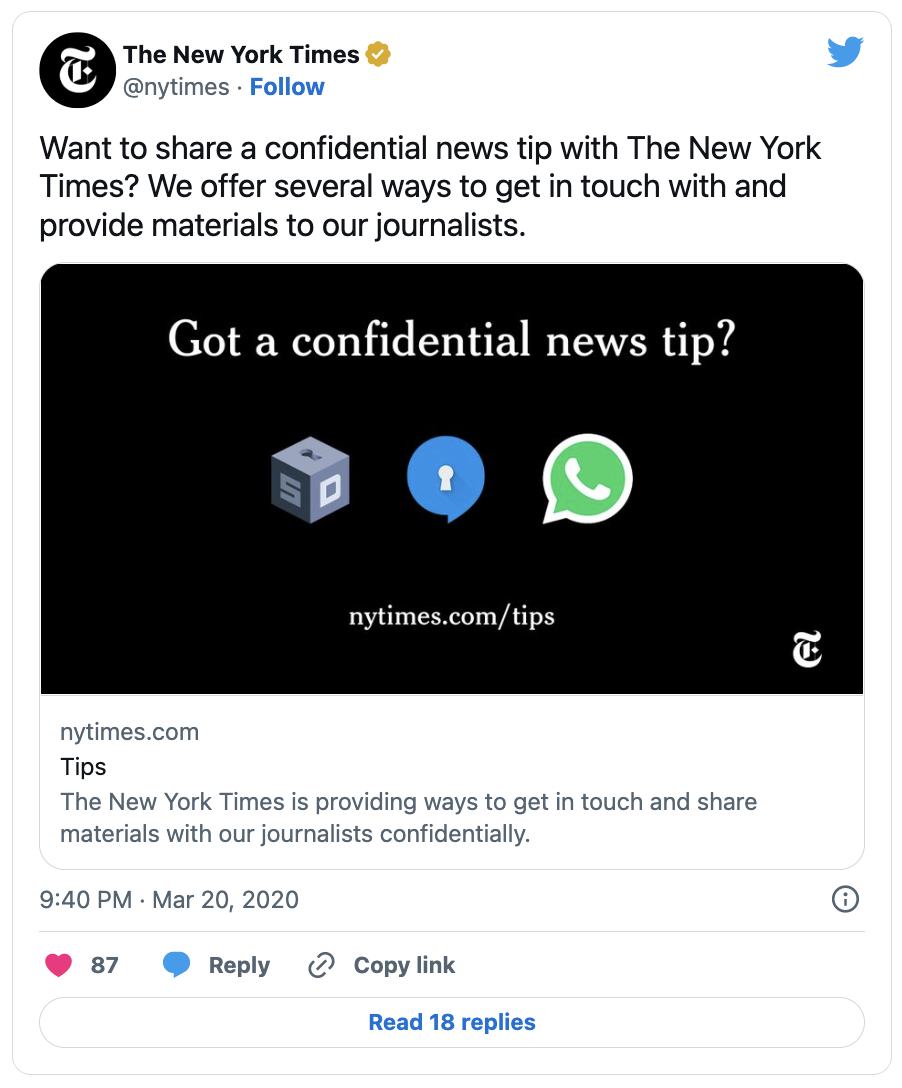 Screenshot of a tweet from @nytimes, advertising their confidential tips page.