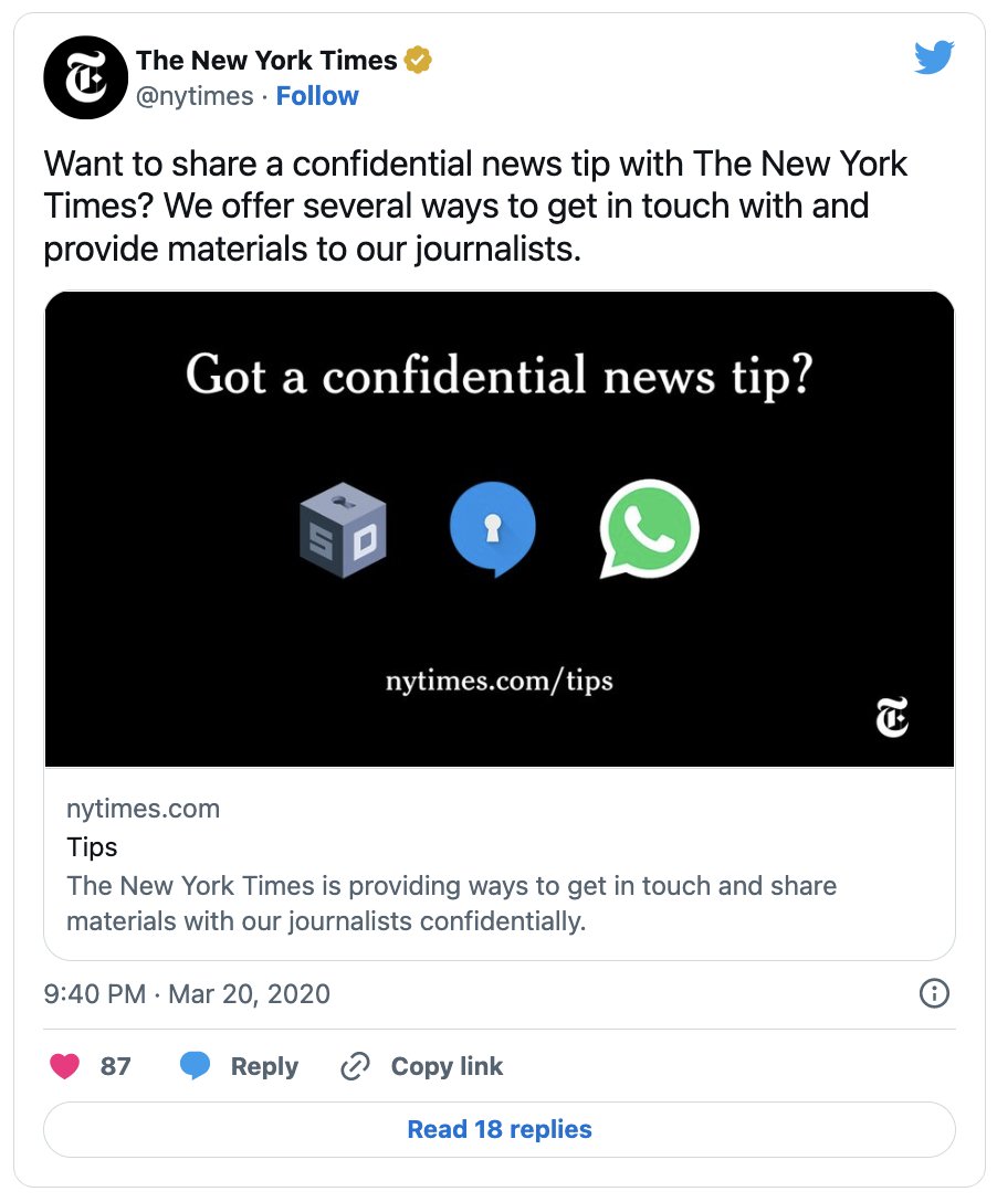 Screenshot of a tweet from @nytimes, advertising their confidential tips page.