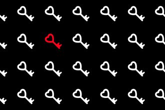 Tiled image of white and one red heart-shaped keys on a black background