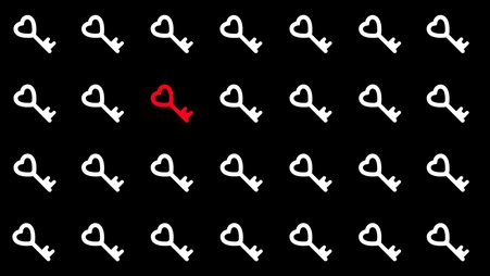 Tiled image of white and one red heart-shaped keys on a black background