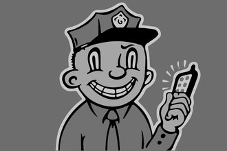 Illustration of a police officer with a peculiar smile holding a smartphone
