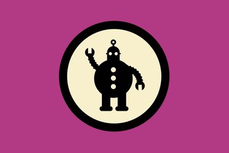A black outline of a robot waving its clawed arm on a pink-purple background