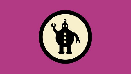 A black outline of a robot waving its clawed arm on a pink-purple background
