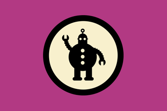 A black outline of a robot waving on a pink-purple background