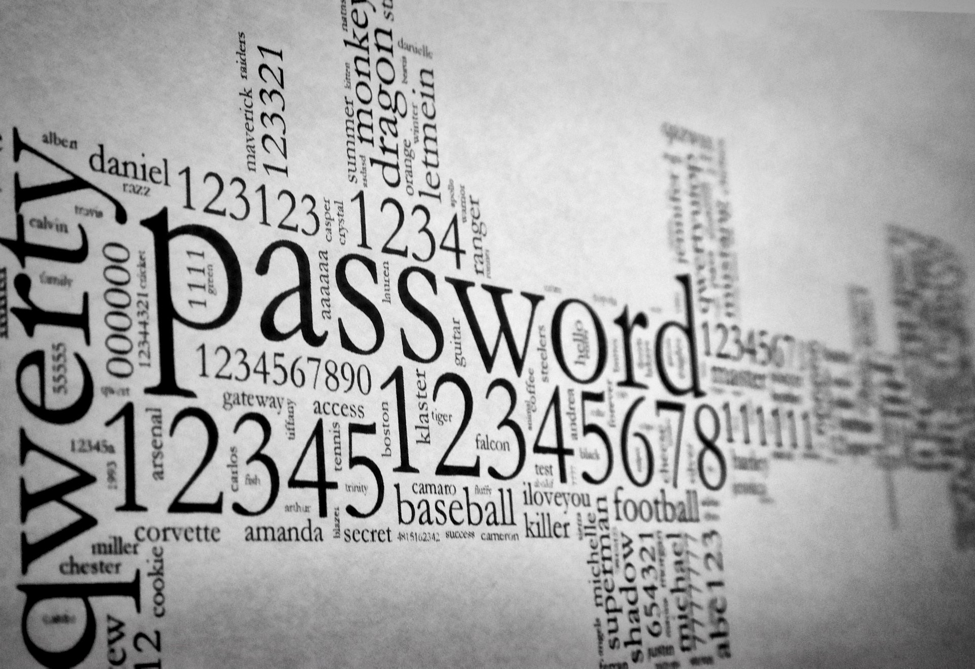 A cheugy word frequency artwork popular in the late 2000s, featuring "password," "12345678" and "qwerty" prominently.