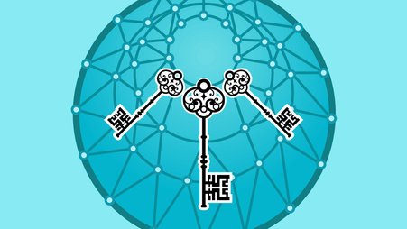 Illustration of three ornate keys laid out atop a circular grid.