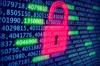 Image of a lock hovering over a computer screen containing many data points.
