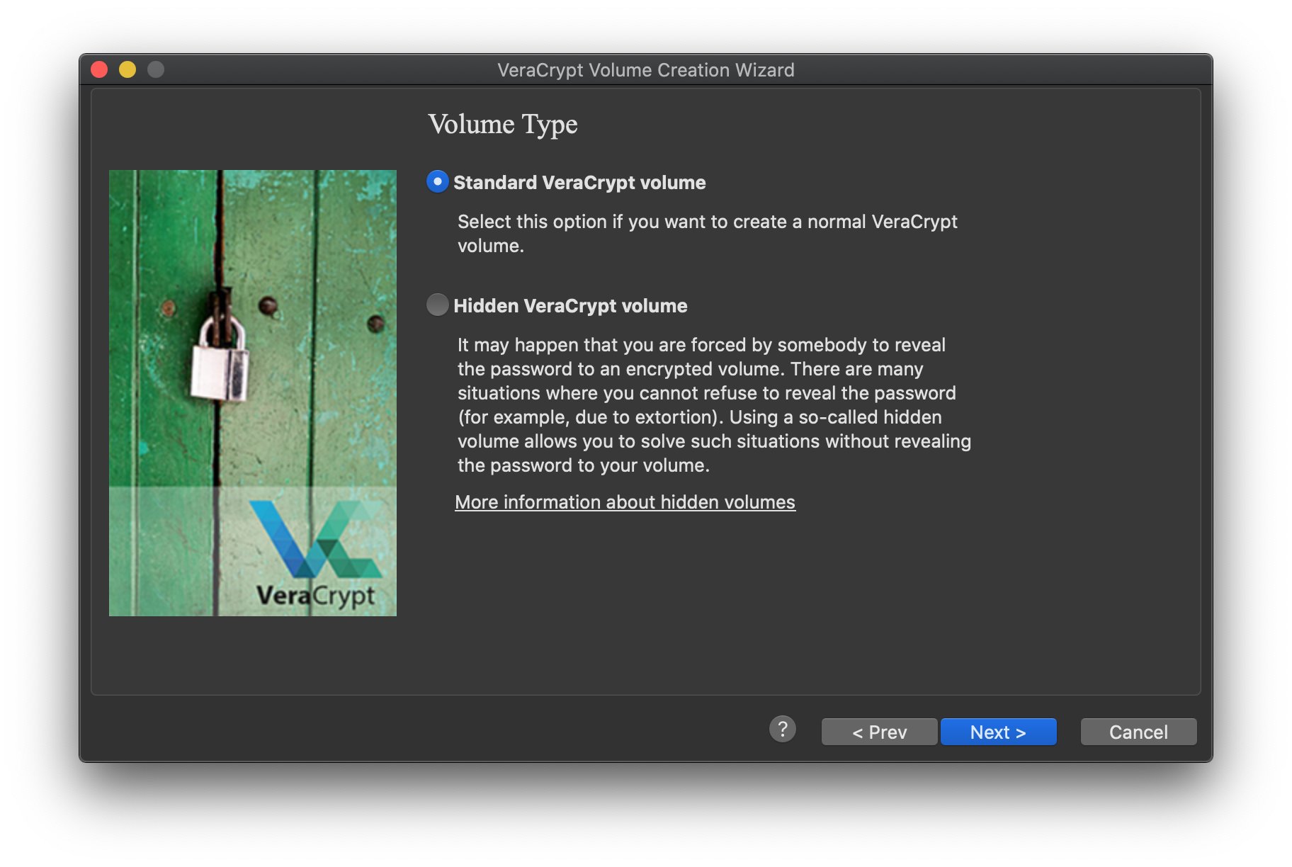 VeraCrypt create standard volume on a device or partition option selected