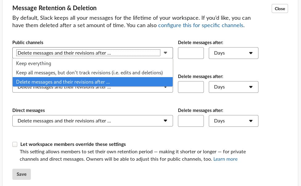 A screenshot of Slack's "Message Retention and Deletion" settings page, where, under a menu called "Public channels," the user has highlighted "Delete messages and their revisions after…" The user has an option of deleting messages after a certain period.