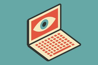 An image of a laptop with a single eye staring out from the screen.