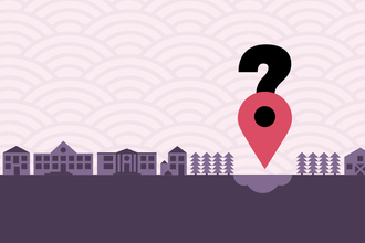 Illustrated skyline of a small town; a red location symbol with a question mark on top hovers over one spot.