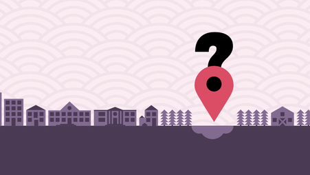 Illustrated skyline of a small town; a red location symbol with a question mark on top hovers over one spot.