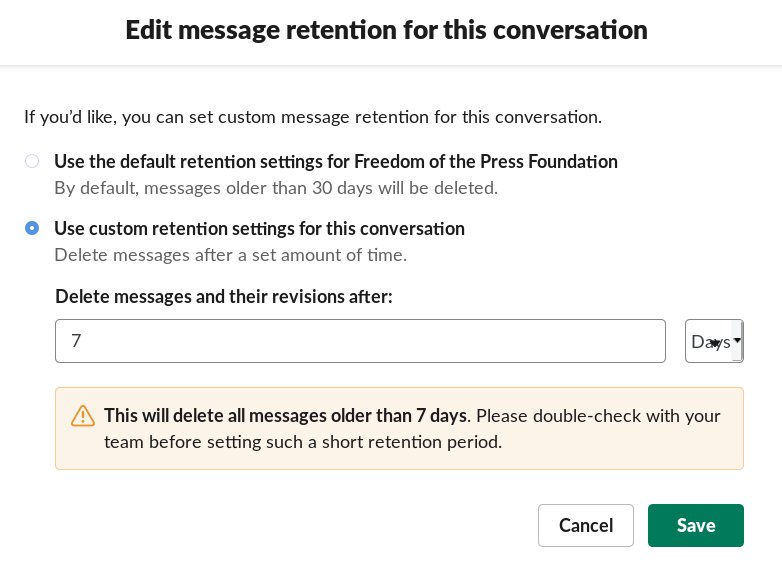 Screenshot of a page titled "Edit message retention for this conversation," with two settings: default, and custom retention settings. The user is set to custom retention settings, with "delete messages and their revisions" set to 7 days.