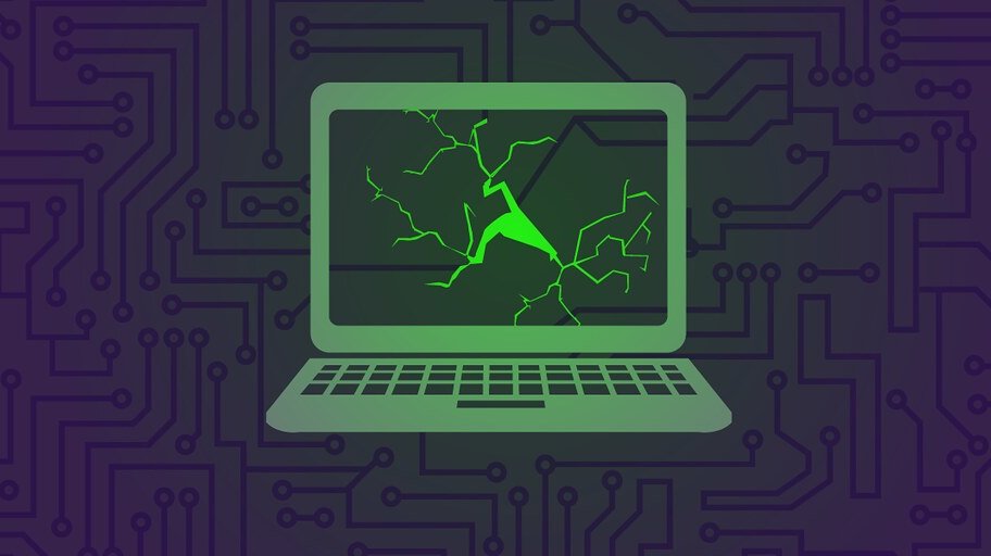 Header image of a laptop with a broken screen, and circuitry in the background.