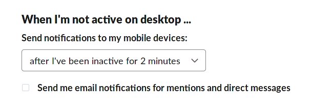 Screenshot of Slack settings page titled, "When I'm not active on desktop…" where users can choose how long they should be away from their desktop device before receiving mobile notifications.