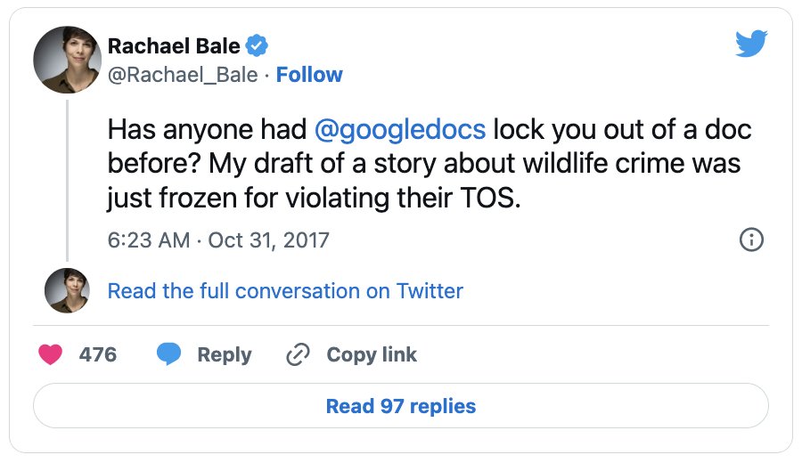 Screenshot of a tweet from @Rachael_Bale on Twitter who said a working document they were using in Google Docs was frozen, purportedly for violating Google's terms of service