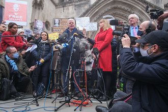 Wikileaks Editor-in-Chief Kristinn Hrafnsson speaks outside the U.K. High Court in 2022.
