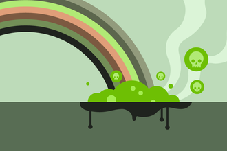 An illustration of an unhealthy-looking rainbow with toxic, green sludge and bubbles with skulls on them where the rainbow meets the ground.