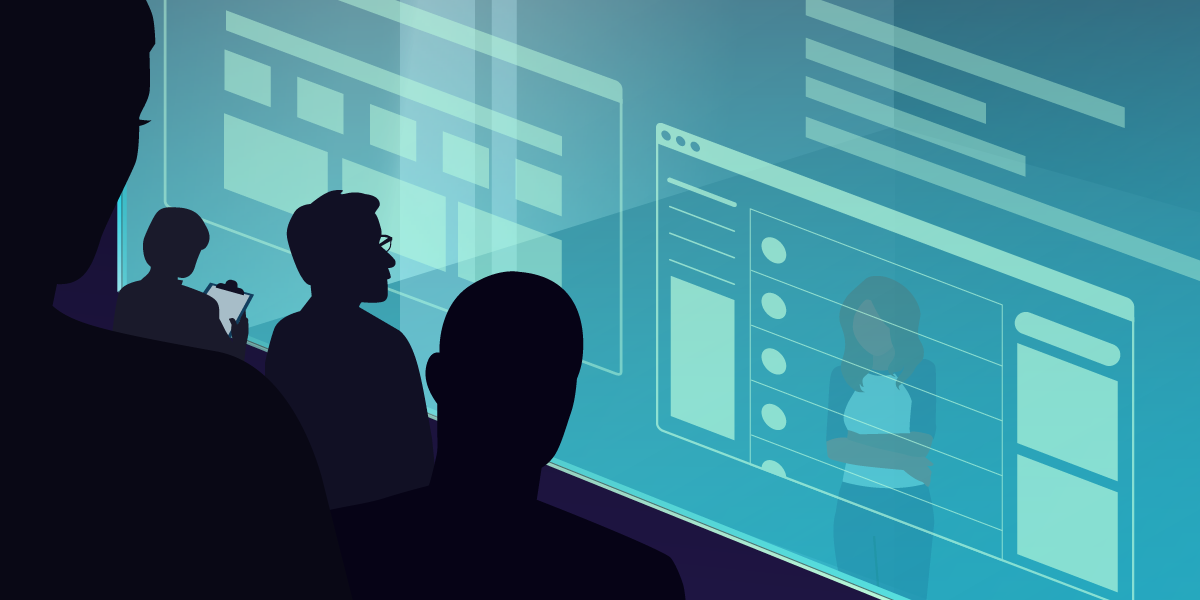 An image depicting people tracking an individuals personal information through a large screen