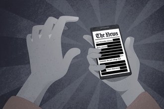 An illustration of two hands holding a cell phone, and on the phone is a mock newspaper page with several lines of text redacted.