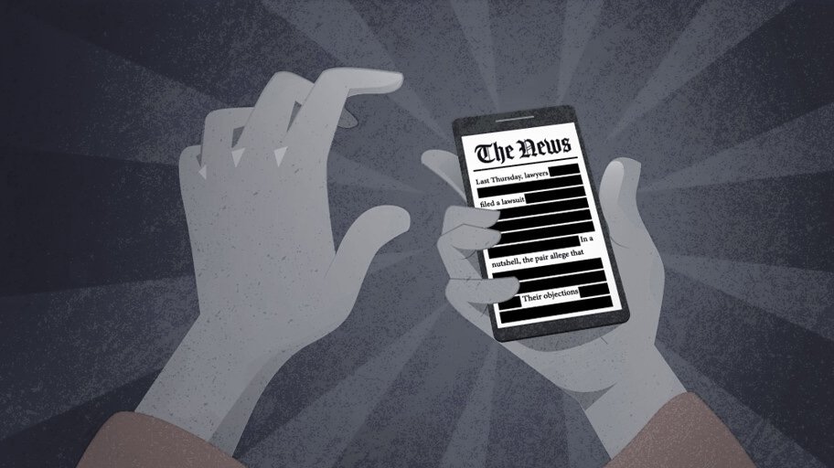 An illustration of two hands holding a cell phone, and on the phone is a mock newspaper page with several lines of text redacted.