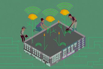 A group of three people tending to an electronic-themed garden bordered by building facades. The garden has flowers beaming signals and circuitry for roots.