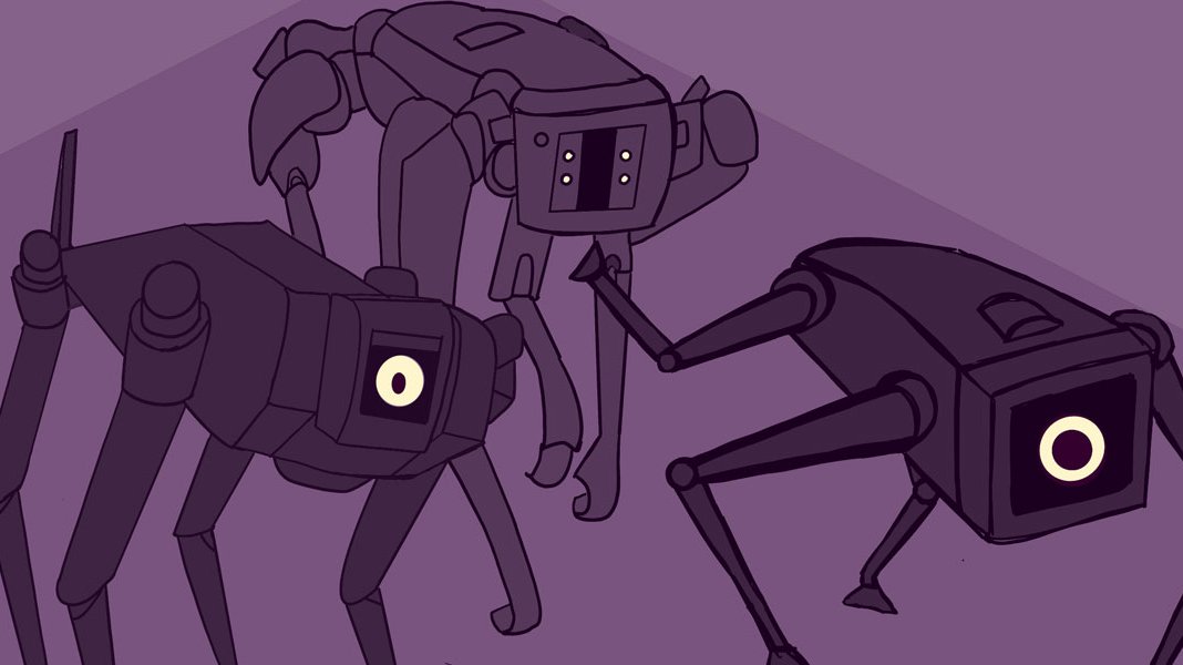 A purple illustrated image of three 4-legged robots who each have one eye.