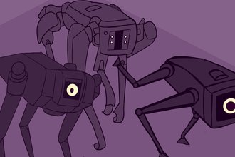 An image of surveillance robot dogs on a purple background