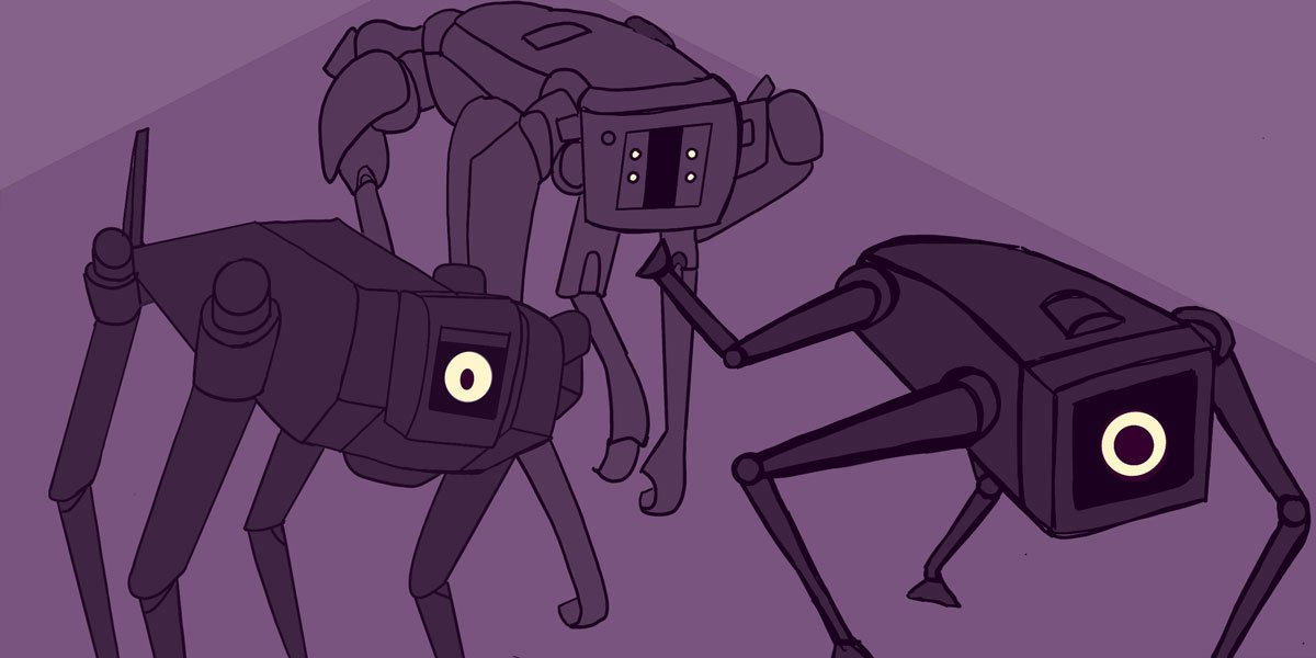 An image of surveillance robot dogs on a purple background