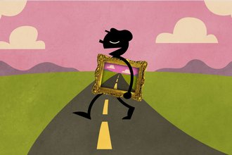 A drawing of a person happily crossing a road, under a serene purple sky with a few clouds. The person carries a painting in their hands that captures the surroundings perfectly.