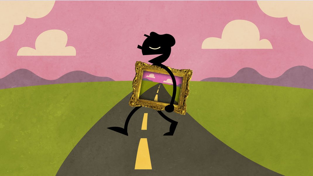 A drawing of a person happily crossing a road, under a serene purple sky with a few clouds. The person carries a painting in their hands that captures the surroundings perfectly.