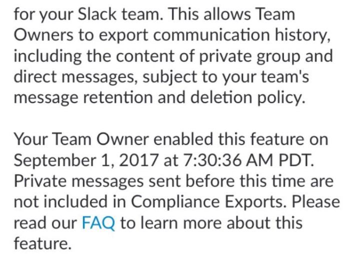 Screenshot of a notice informing users that the Team Owner enabled a feature enabling Team Owners to read private group and direct messages.