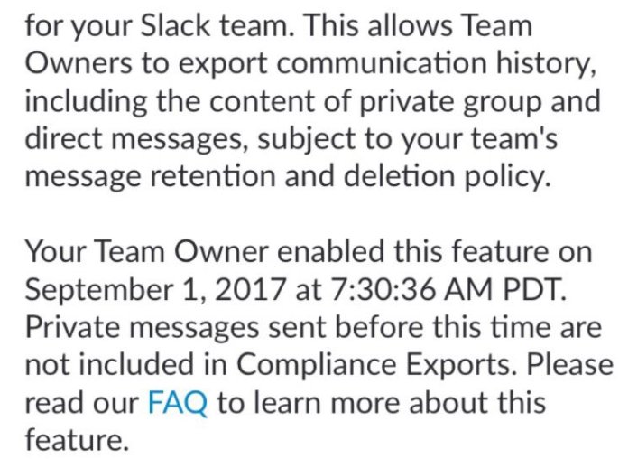 Screenshot of a notice informing users that the Team Owner enabled a feature enabling Team Owners to read private group and direct messages.
