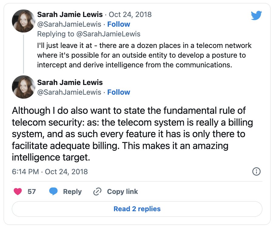 Screenshot from @SarahJamieLewis on Twitter, who describes how the telephone network is insecure in several ways