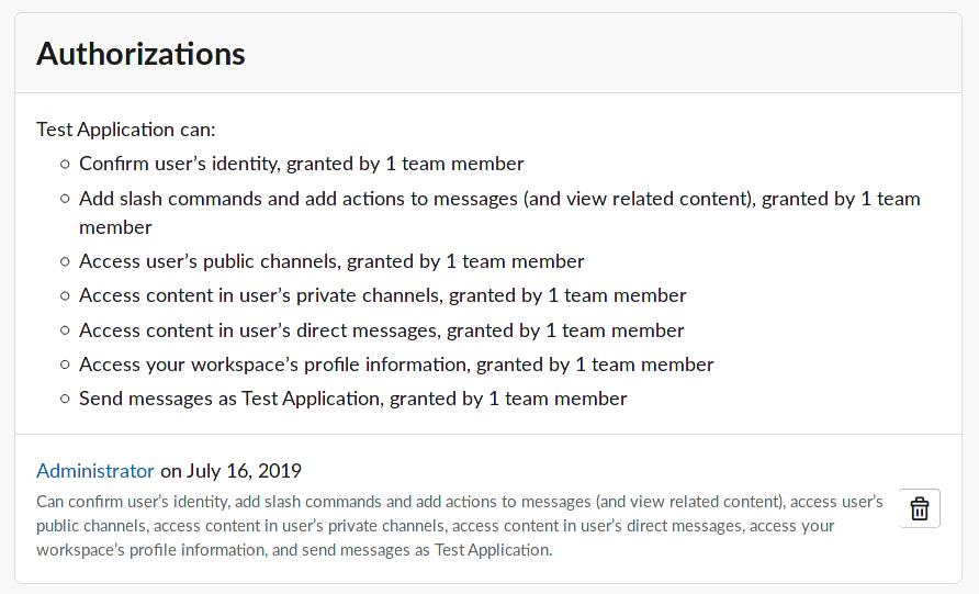 Screenshot of data available to an example third party application, which includes the user's identity, slash commands, public and private channel data, direct messages, profile information, and the ability to send messages as the example application.