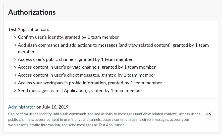 Screenshot of data available to an example third party application, which includes the user's identity, slash commands, public and private channel data, direct messages, profile information, and the ability to send messages as the example application.