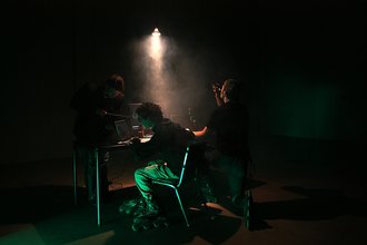 Hackers wearing rollerskates in the dark with their computers